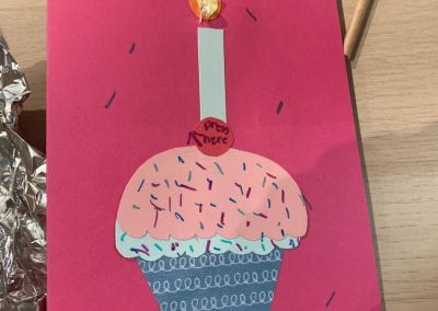 circuit greeting card with LED flame on cupcake