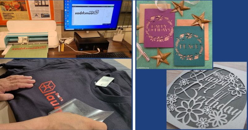 samples of t-shirts and cards made with a cricut cutter