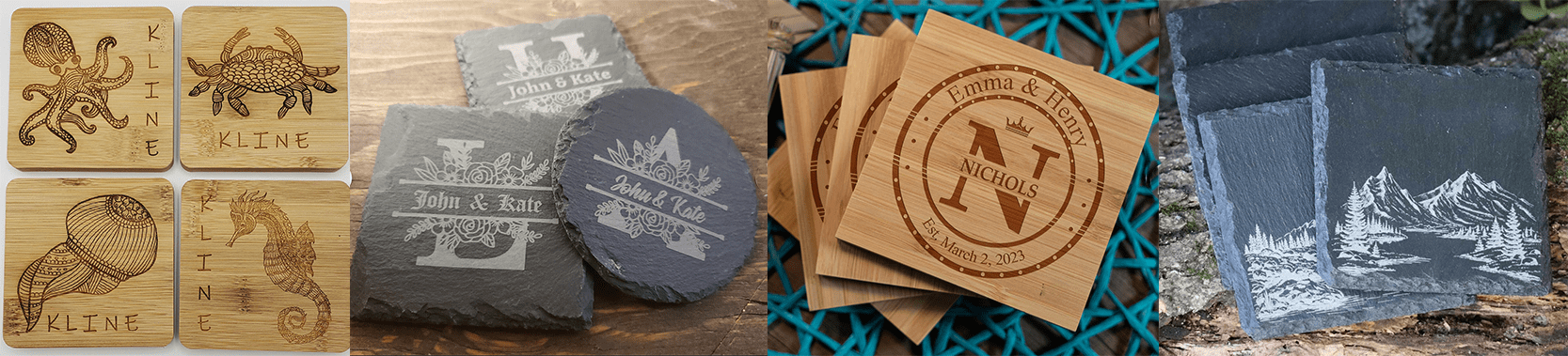wooden and slate laser cut coasters
